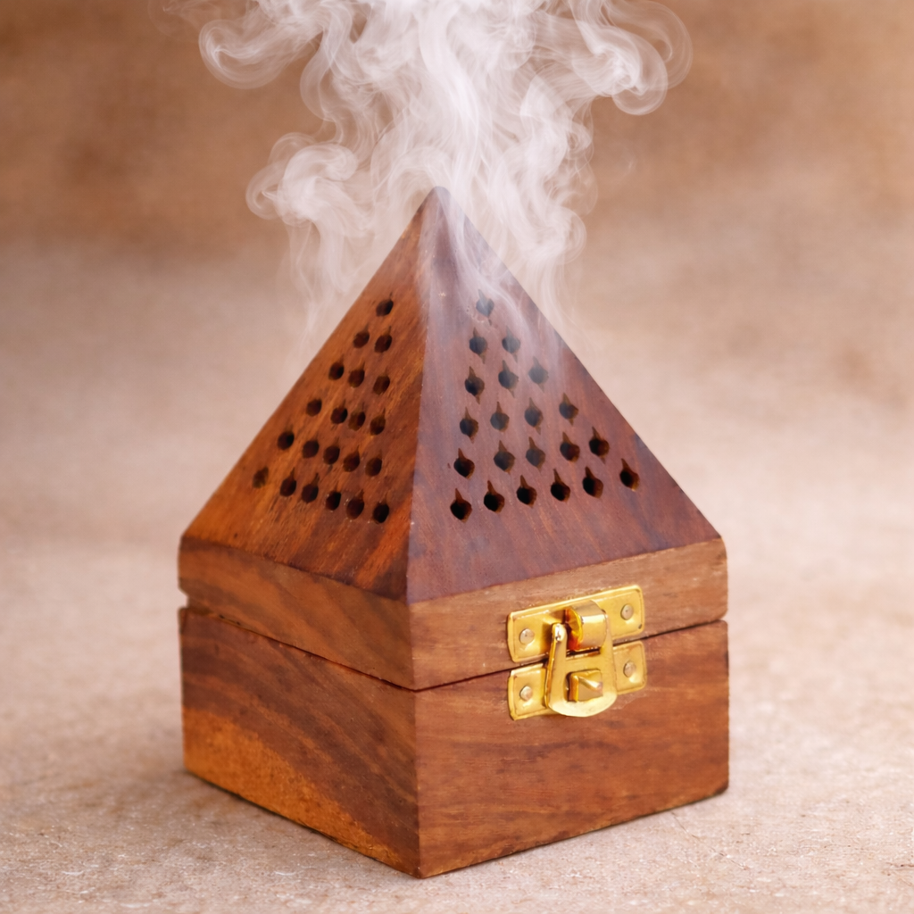 Wooden Pyramid Shape Bakhoor Burner & Refillable Windproof Jet Flame Lighter (Multi-Colour) - COMBO PACK