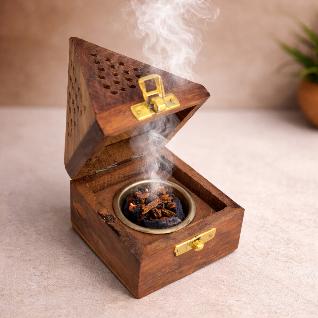 Wooden Pyramid Bakhoor Burner Combo with Windproof Jet Flame Lighter & Quick Light Charcoal
