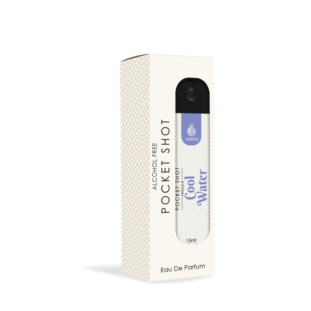 Aqeeq Cool Water Pocket Shot, 15ml | Premium Long Lasting Unisex Alcohol Free Perfume | Mint, Lavender, Jasmine & Musky Notes | Eau De Parfum |