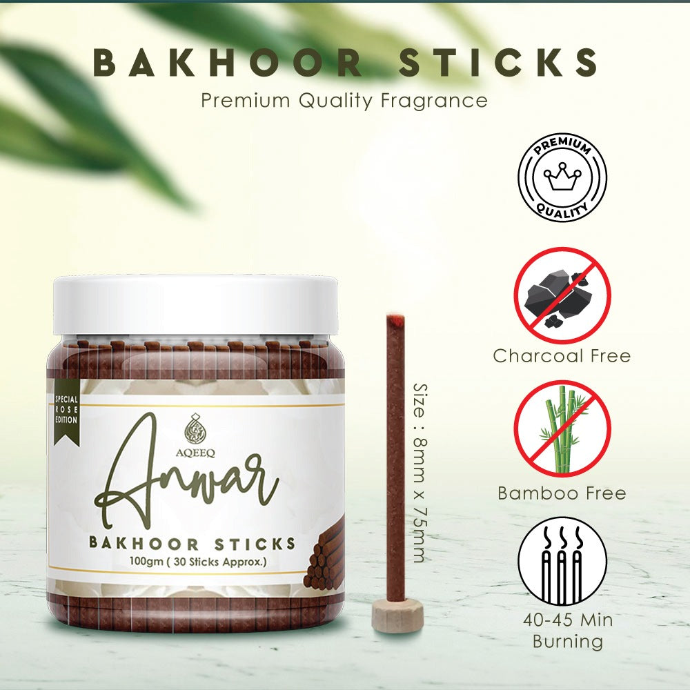 Aqeeq Anwar Premium Bakhoor Sticks | Fragrance of White Rose | Modern Arabian Aroma | Charcoal & Bamboo Free | Ideal for Daily Use | 100gms / 30 Sticks Approx. Stick Size - 8mm x 75mm |