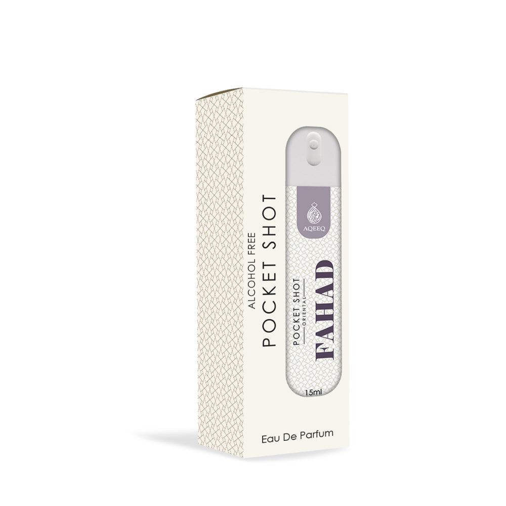 Aqeeq Fahad Pocket Shot, 15ml | Premium Long Lasting Unisex Alcohol Free Perfume | Fresh, Spicy, Woody & Oud Notes | Eau De Parfum |