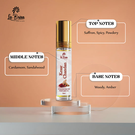 La Brisa Kesar Chandan Attar For Men & Women | Spicy Saffron Sandalwood Attar Roll On | Traditional Indian Attar | 6ml