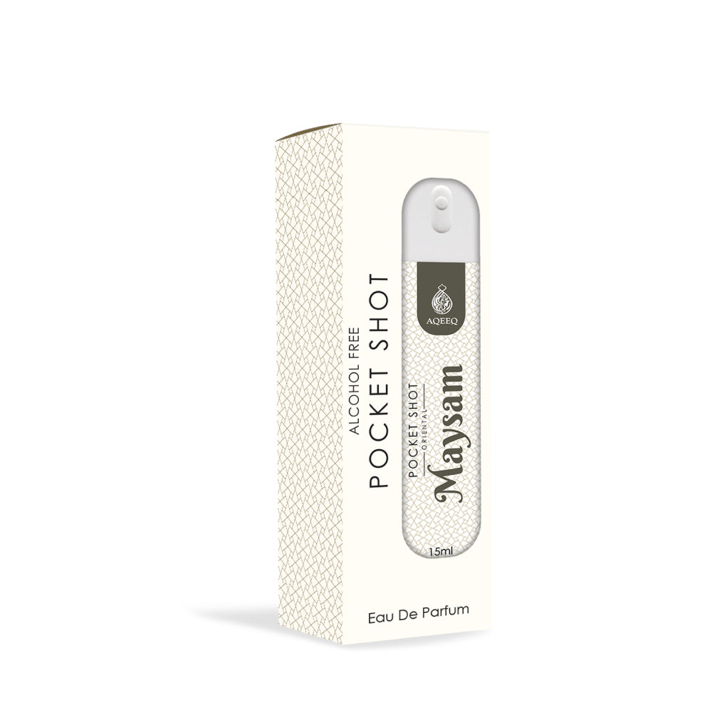 Aqeeq Maysam Pocket Shot, 15ml | Premium Long Lasting Unisex Alcohol Free Perfume | Woody, Powdery, Animalic & Leathery Notes | Eau De Parfum |