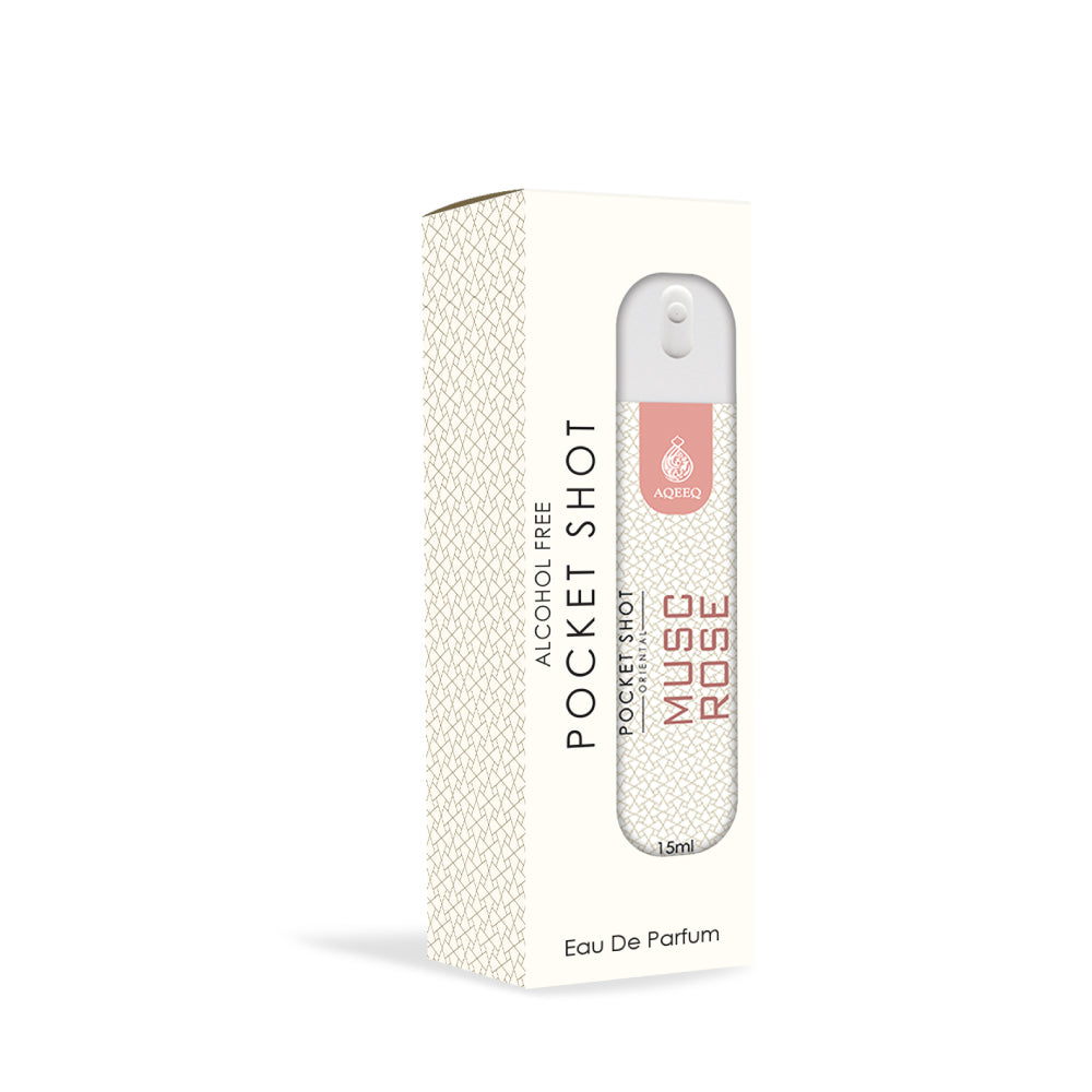 Aqeeq Musc Rose Pocket Shot, 15ml | Premium Long Lasting Unisex Alcohol Free Perfume | Freesia, Rose, Water Lily & Musky Notes | Eau De Parfum |
