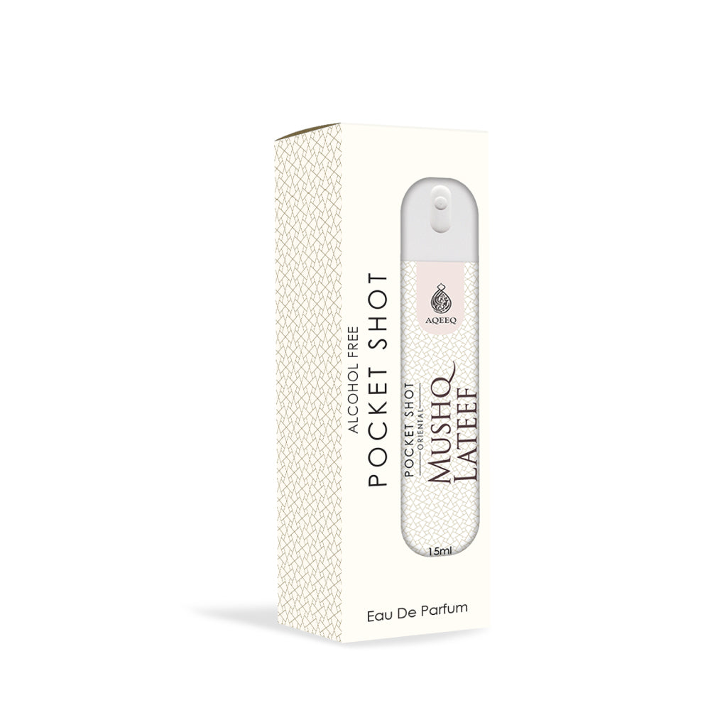 Aqeeq Mushq Lateef Pocket Shot, 15ml | Premium Long Lasting Unisex Alcohol Free Perfume | Floral, Violet, Sweet Powdery & Musky Notes | Eau De Parfum |