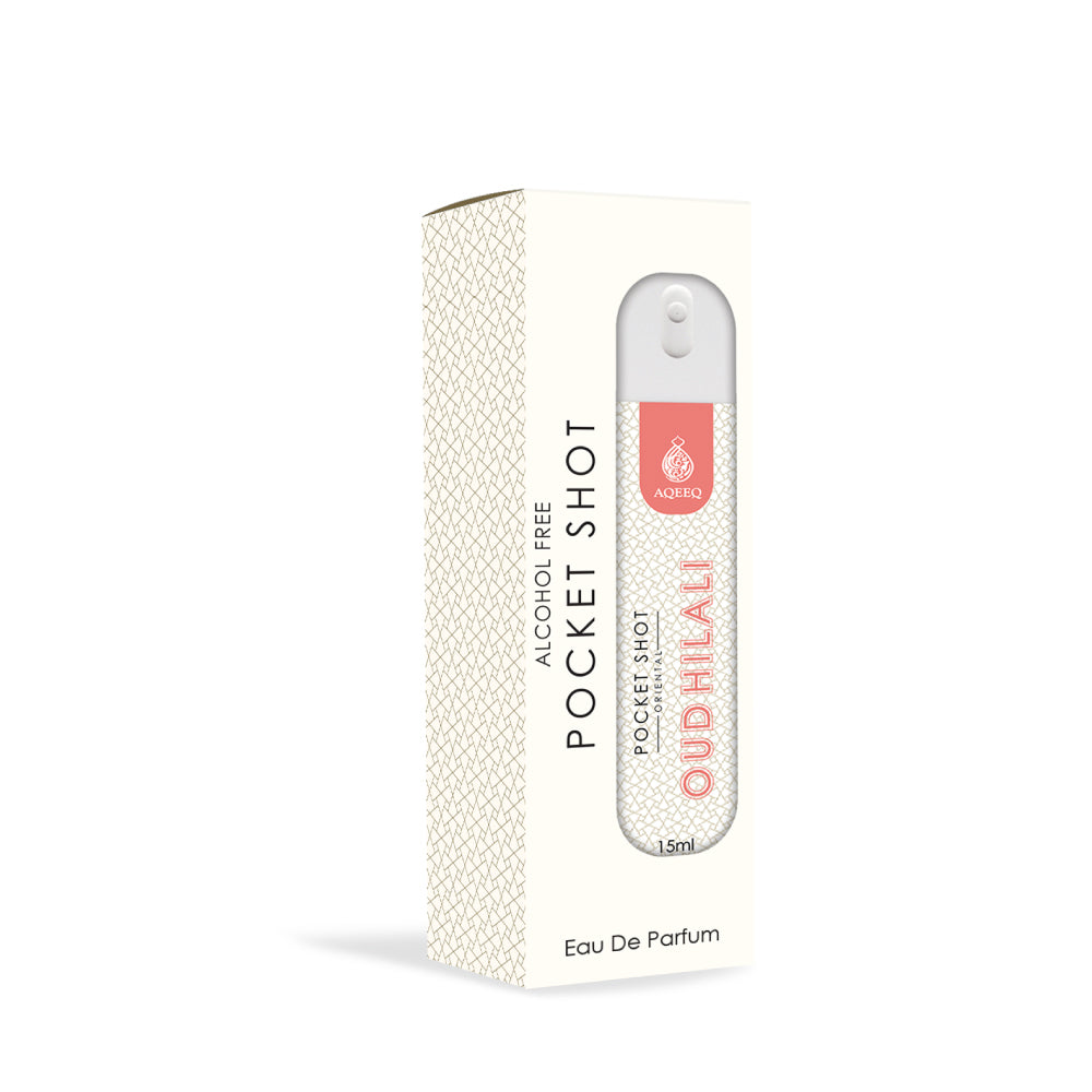 Aqeeq Oud Hilali Pocket Shot, 15ml | Premium Long Lasting Unisex Alcohol Free Perfume | Honey, Rose, Saffron & Ambery Notes | Eau De Parfum |