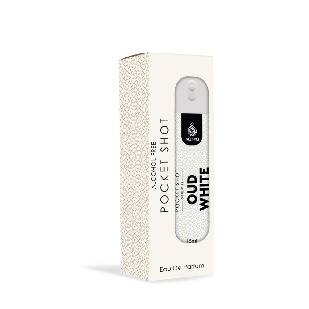 Aqeeq Oud White Pocket Shot, 15ml | Premium Long Lasting Unisex Alcohol Free Perfume | Lemon, Rose, Patchouli & Musky Notes | Eau De Parfum |