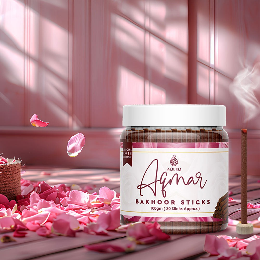 Aqeeq Aqmar Premium Bakhoor Sticks | Fragrance of Pink Rose | Modern Arabian Aroma | Charcoal & Bamboo Free | Ideal for Daily Use | 100gms / 30 Sticks Approx. Stick Size - 8mm x 75mm |