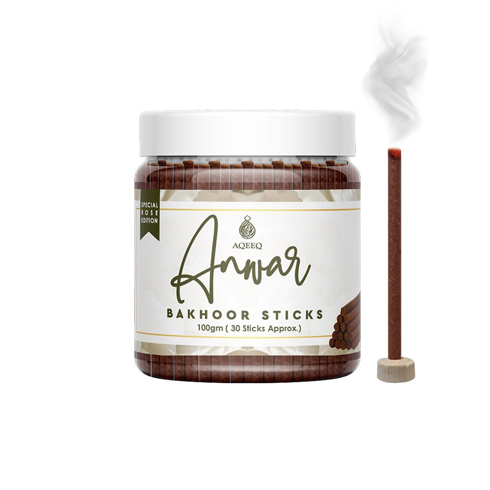 Aqeeq Anwar Premium Bakhoor Sticks | Fragrance of White Rose | Modern Arabian Aroma | Charcoal & Bamboo Free | Ideal for Daily Use | 100gms / 30 Sticks Approx. Stick Size - 8mm x 75mm |