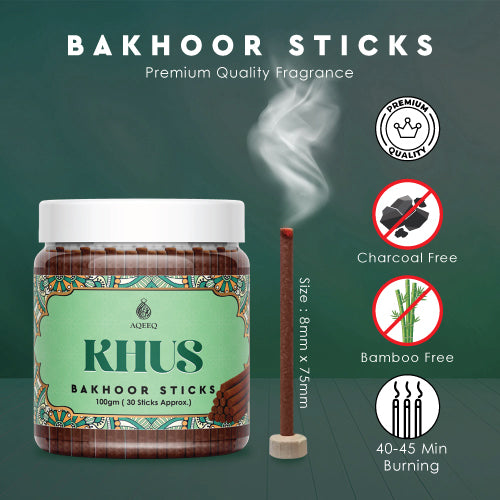 Aqeeq Khus Premium Bakhoor Sticks | Vetiver, Patchouli, Sandalwood Notes | Modern Arabian Aroma | Charcoal & Bamboo Free | Ideal for Daily Use | 100gms/30 Sticks Approx. Stick Size - 8mm x 75mm |