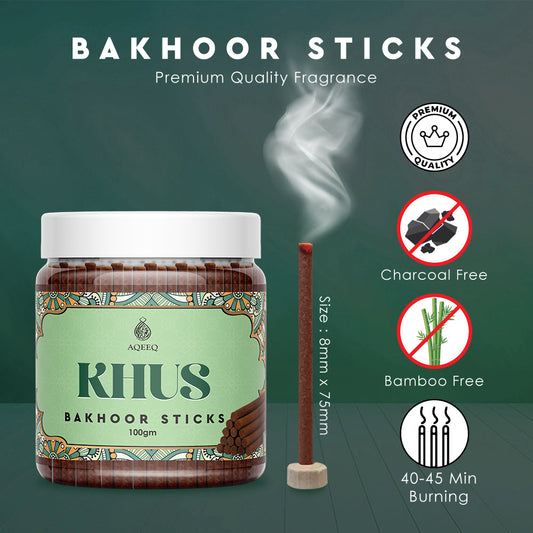 Aqeeq Khus Premium Bakhoor Sticks | Fresh Herbal Earth Fragrance | Charcoal & Bamboo Free | 100gms/200gms