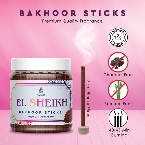 Aqeeq El Sheikh Premium Bakhoor Sticks | Oud, Amber, Sandalwood, Incense Notes | Modern Arabian Aroma | Charcoal & Bamboo Free | Ideal for Daily Use | 100gms/30 Sticks Approx. Stick Size - 8mm x 75mm |
