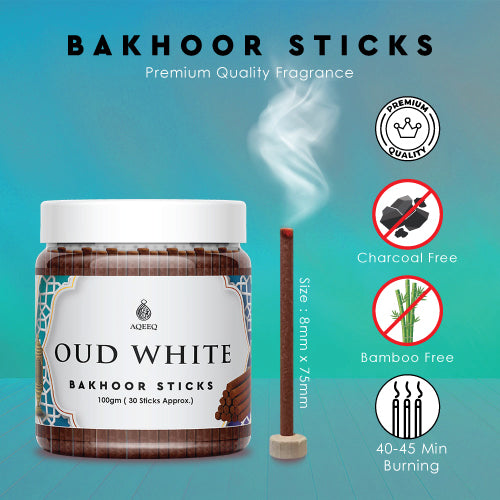 Aqeeq Oud White Premium Bakhoor Sticks | Musk, Amber, Agarwood Notes | Modern Arabian Aroma | Charcoal & Bamboo Free | Ideal for Daily Use | 100gms / 30 Sticks Approx. Stick Size - 8mm x 75mm |