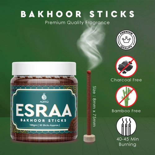 Aqeeq Esraa Premium Bakhoor Sticks | Mint, Rose, Sandalwood, Saffron, Oud Notes | Modern Arabian Aroma | Charcoal & Bamboo Free | Ideal for Daily Use | 100gms/30 Sticks Approx. Stick Size - 8mm x 75mm |