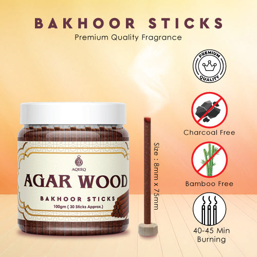 Aqeeq Agarwood Premium Bakhoor Sticks | Amber, Musk, Woody, Resin Notes | Modern Arabian Aroma | Charcoal & Bamboo Free | Ideal for Daily Use | 100gms / 30 Sticks Approx. Stick Size - 8mm x 75mm