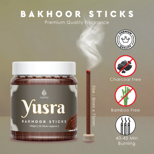 Aqeeq Yusra Premium Bakhoor Sticks | Saffron, Sandalwood, Myrhh Notes | Modern Arabian Aroma | Charcoal & Bamboo Free | Ideal for Daily Use | 100gms / 30 Sticks Approx. Stick Size - 8mm x 75mm |