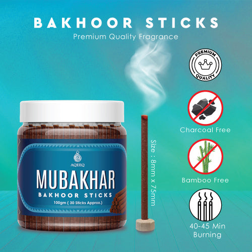 Aqeeq Mubakhar Premium Bakhoor Sticks | Sweet, Rose, Woody Notes | Modern Arabian Aroma | Charcoal & Bamboo Free | Ideal for Daily Use | 100gms / 30 Sticks Approx. Stick Size - 8mm x 75mm |