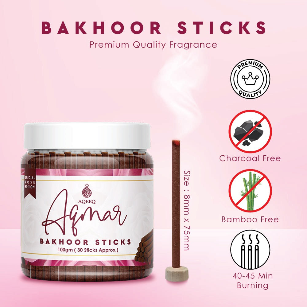 Aqeeq Aqmar Premium Bakhoor Sticks | Fragrance of Pink Rose | Modern Arabian Aroma | Charcoal & Bamboo Free | Ideal for Daily Use | 100gms / 30 Sticks Approx. Stick Size - 8mm x 75mm |