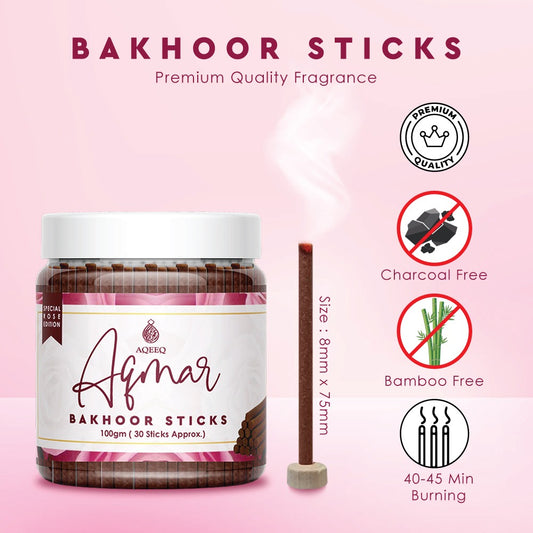 Aqeeq Aqmar Premium Bakhoor Sticks | Fragrance of Pink Rose | Charcoal & Bamboo Free | Ideal For Daily Use | 100gms, 30 Sticks (Approx) | Size : 8 x 75mm