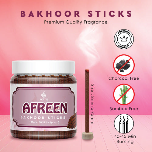 Aqeeq Afreen Premium Bakhoor Sticks | Fresh, Rose, Jasmine, Sandalwood Notes | Modern Arabian Aroma | Charcoal & Bamboo Free | Ideal For Daily Use | 100gms / 30 sticks Approx. Stick Size - 8mm x 75mm |