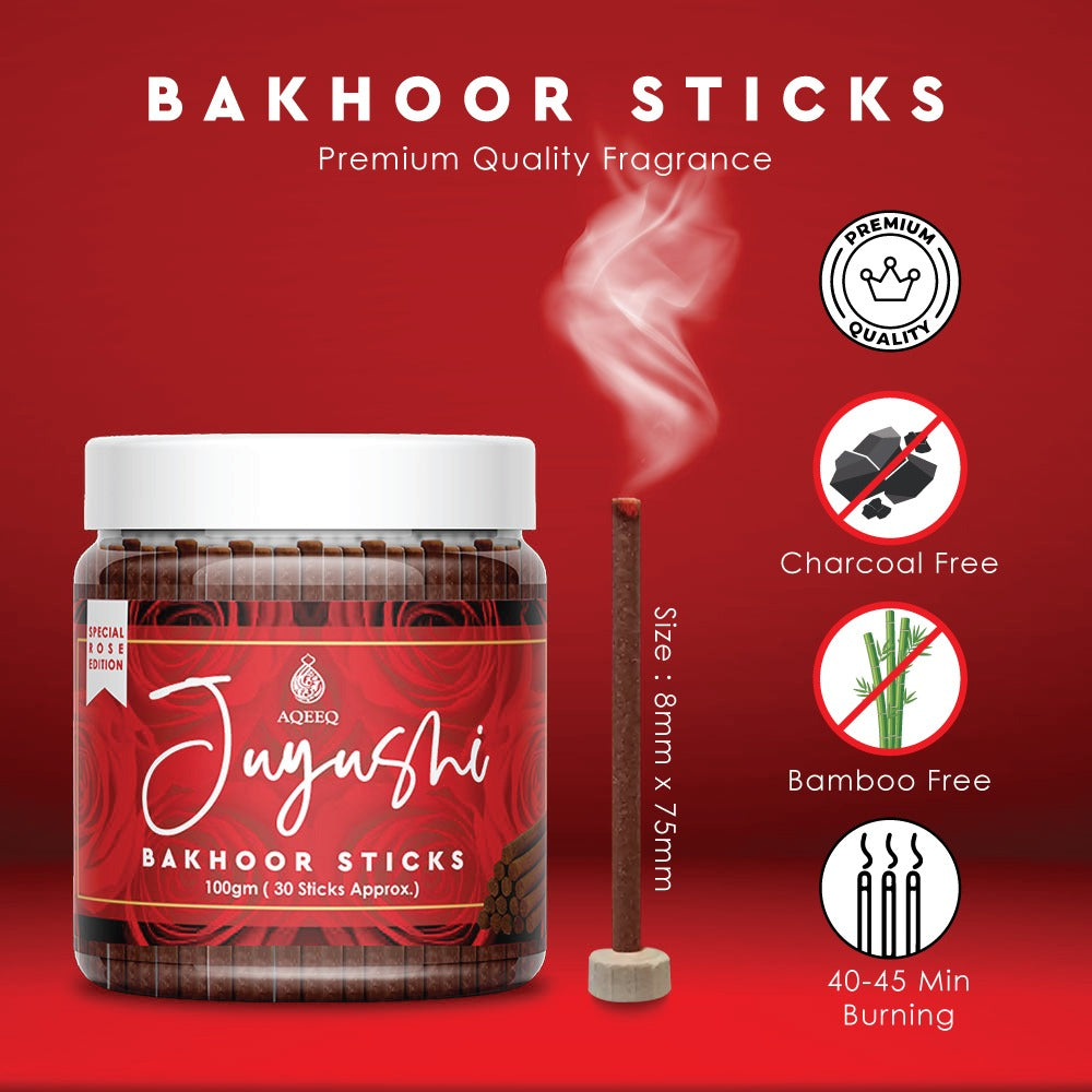 Aqeeq Juyushi Premium Bakhoor Sticks | Fragrance of Red Rose | Modern Arabian Aroma | Charcoal & Bamboo Free | Ideal for Daily Use | 100gms / 30 Sticks Approx. Stick Size - 8mm x 75mm |