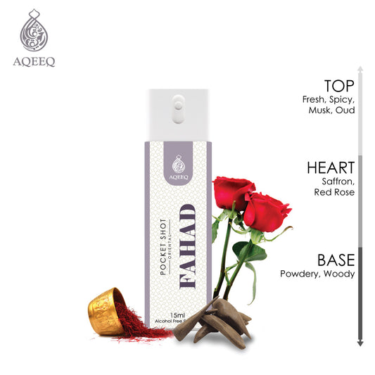 Aqeeq Fahad Pocket Shot, 15ml | Premium Long Lasting Unisex Alcohol Free Perfume | Fresh, Spicy, Woody & Oud Notes | Eau De Parfum |