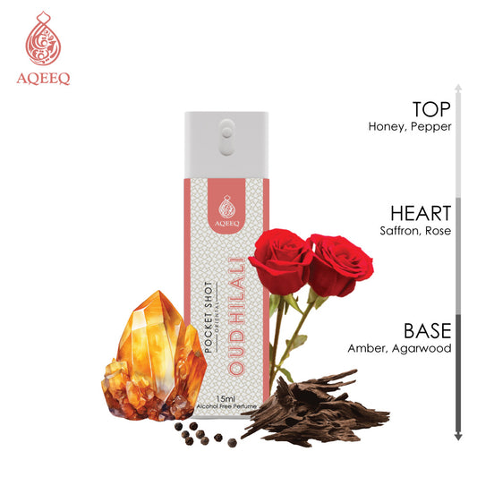 Aqeeq Oud Hilali Pocket Shot, 15ml | Premium Long Lasting Unisex Alcohol Free Perfume | Honey, Rose, Saffron & Ambery Notes | Eau De Parfum |