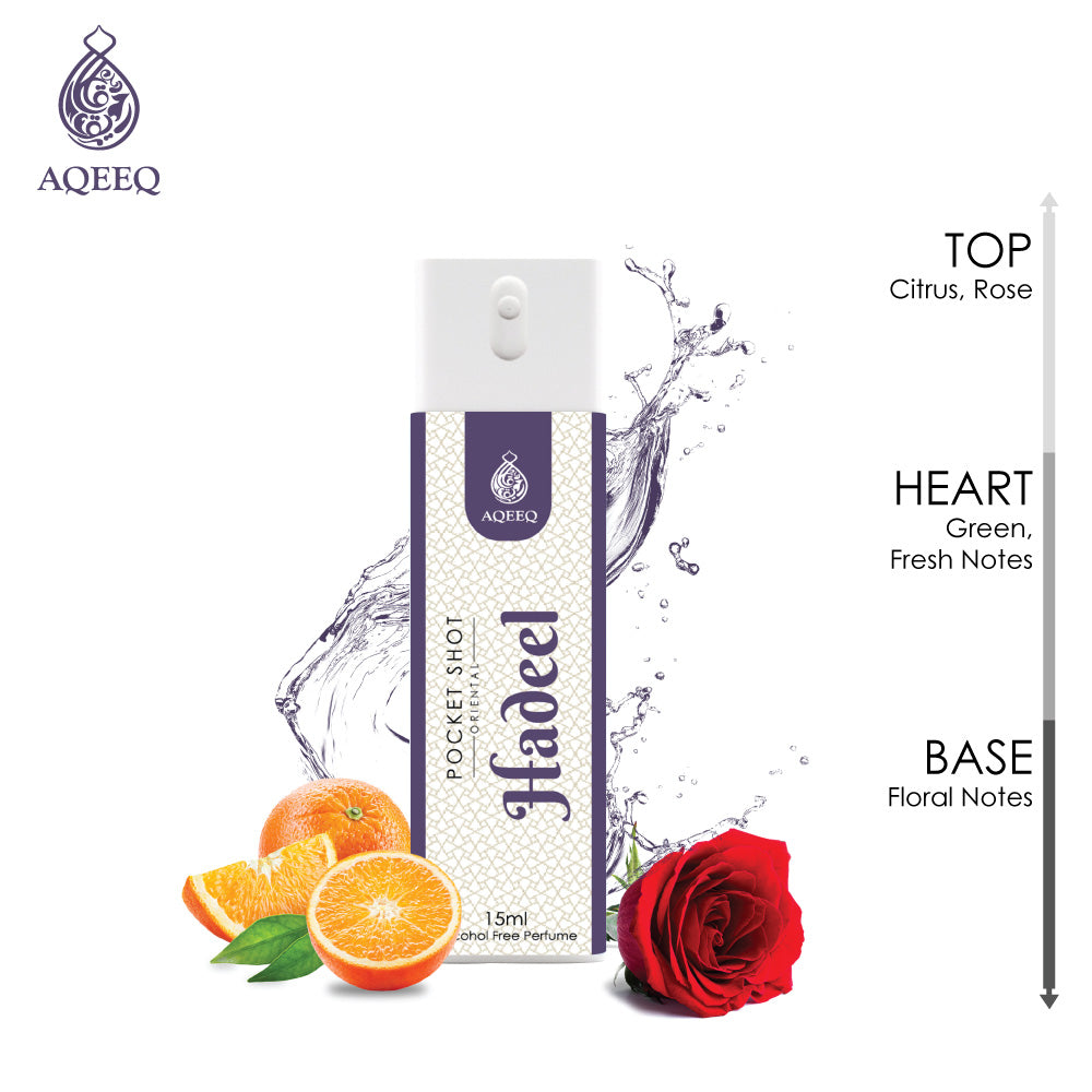 Aqeeq Hadeel Pocket Shot, 15ml | Premium Long Lasting Unisex Alcohol Free Perfume | Fresh, Floral, Citrus & Green Notes | Eau De Parfum |