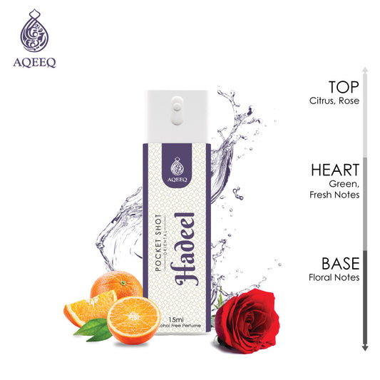 Aqeeq Hadeel Pocket Shot, 15ml | Premium Long Lasting Unisex Alcohol Free Perfume | Fresh, Floral, Citrus & Green Notes | Eau De Parfum |