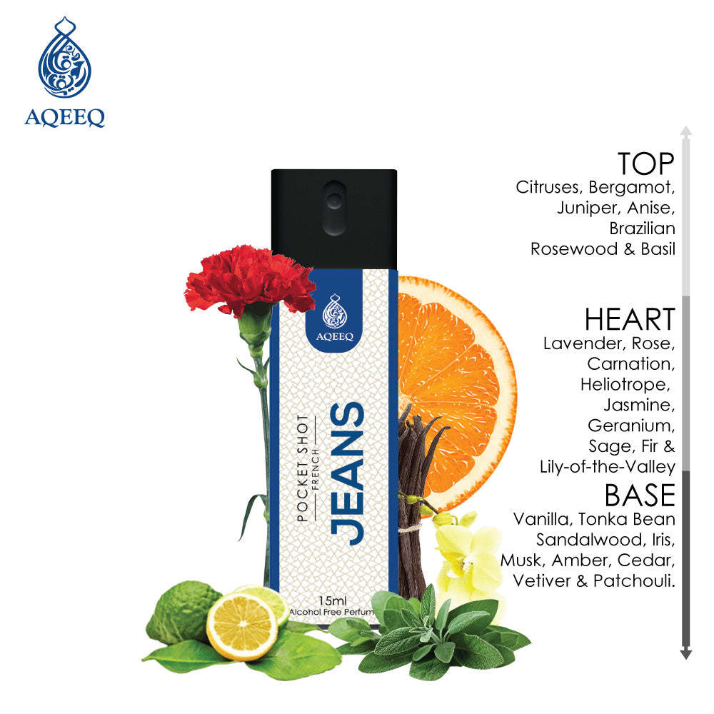 Aqeeq Jeans Pocket Shot, 15ml | Premium Long Lasting Unisex Alcohol Free Perfume | Citrus, Rose, Vanilla & Ambery Notes | Eau De Parfum |
