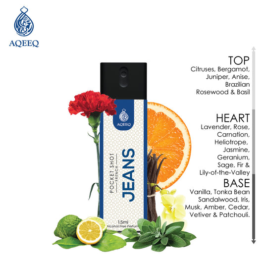 Aqeeq Jeans Pocket Shot, 15ml | Premium Long Lasting Unisex Alcohol Free Perfume | Citrus, Rose, Vanilla & Ambery Notes | Eau De Parfum |