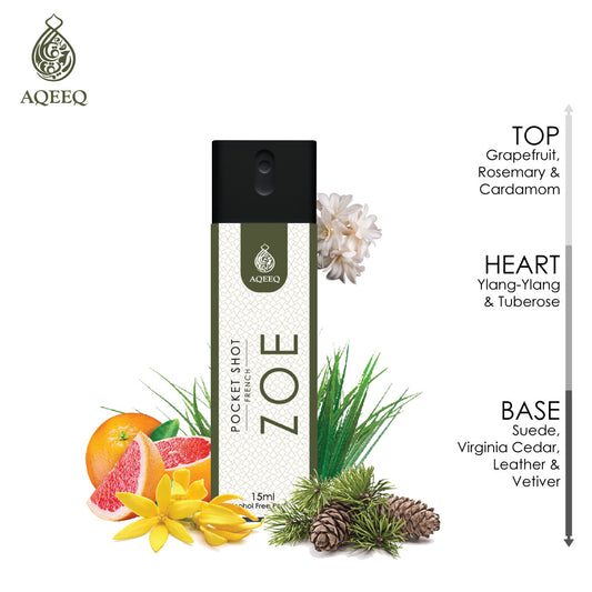 Aqeeq Zoe Pocket Shot, 15ml | Premium Long Lasting Unisex Alcohol Free Perfume | Grapefruit, Tuberose, Vetiver & Leathery Notes | Eau De Parfum |