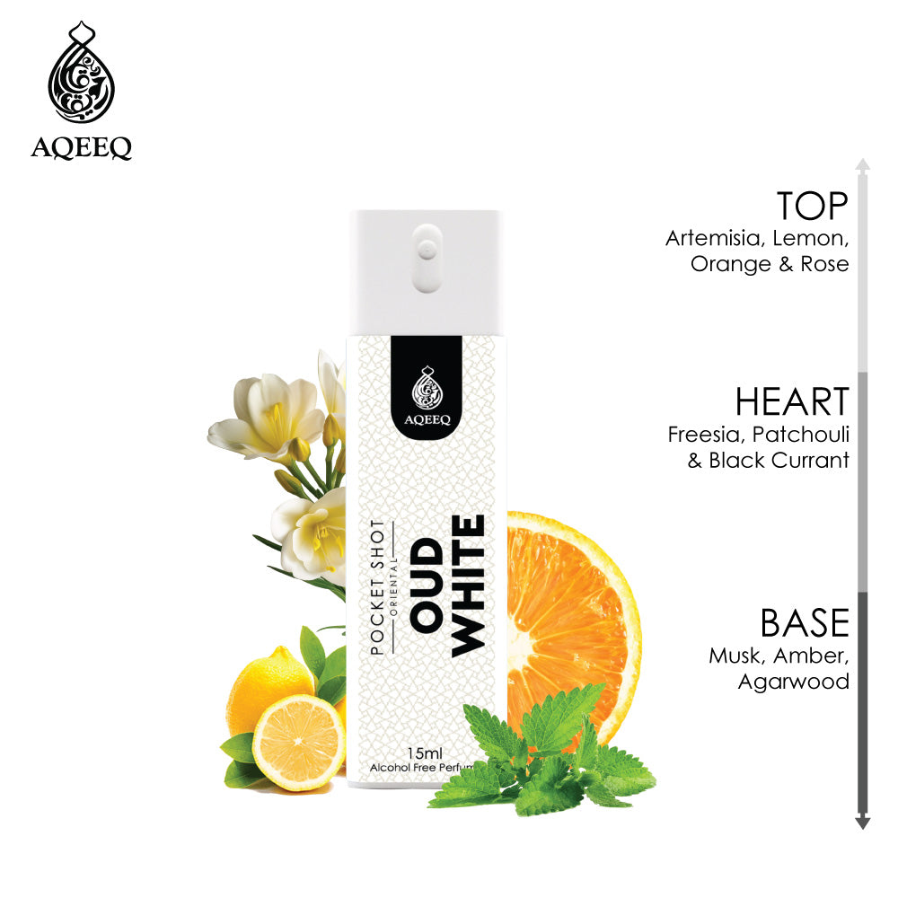 Aqeeq Oud White Pocket Shot, 15ml | Premium Long Lasting Unisex Alcohol Free Perfume | Lemon, Rose, Patchouli & Musky Notes | Eau De Parfum |
