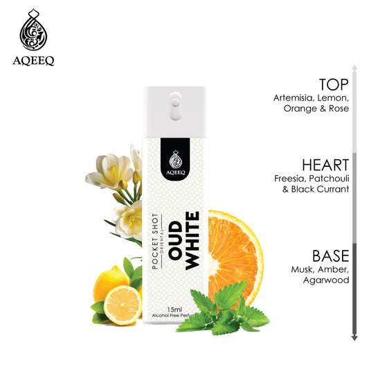 Aqeeq Oud White Pocket Shot, 15ml | Premium Long Lasting Unisex Alcohol Free Perfume | Lemon, Rose, Patchouli & Musky Notes | Eau De Parfum |