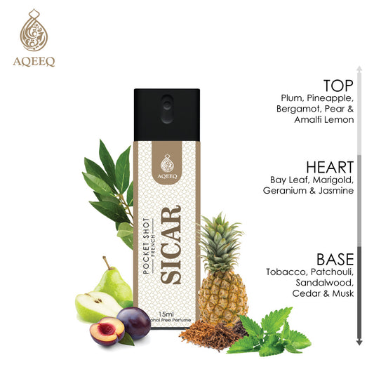Aqeeq Sicar Pocket Shot, 15ml | Premium Long Lasting Unisex Alcohol Free Perfume | Plum, Marigold, Jasmine & Patchouli Notes | Eau De Parfum |