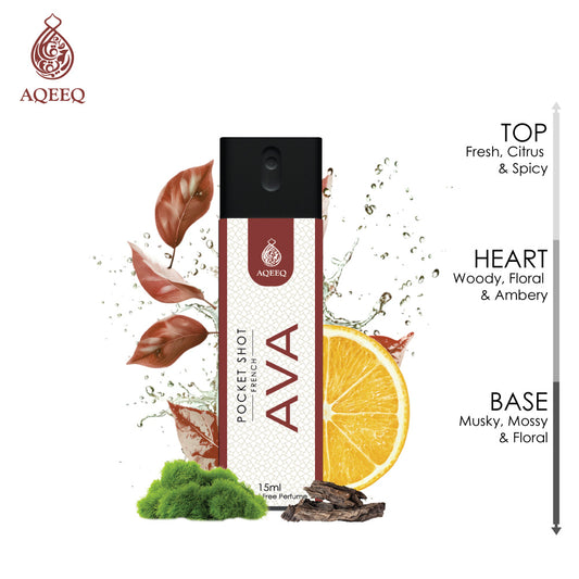 Aqeeq Ava Pocket Shot, 15ml | Premium Long Lasting Unisex Alcohol Free Perfume | Fresh, Floral, Spicy & Musky Notes | Eau De Parfum |