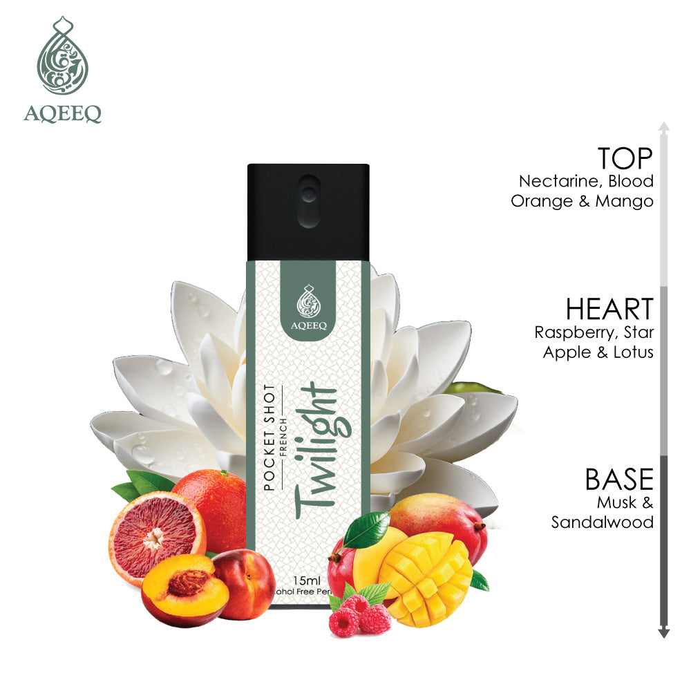 Aqeeq Twilight Pocket Shot, 15ml | Premium Long Lasting Unisex Alcohol Free Perfume | Mango, Raspberry, Lotus & Musky Notes | Eau De Parfum |