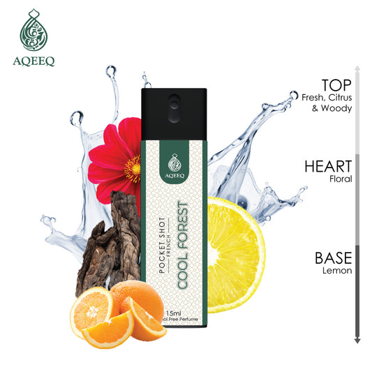 Aqeeq Cool Forest Pocket Shot, 15ml | Premium Long Lasting Unisex Alcohol Free Perfume | Fresh, Floral & Woody Notes | Eau De Parfum |
