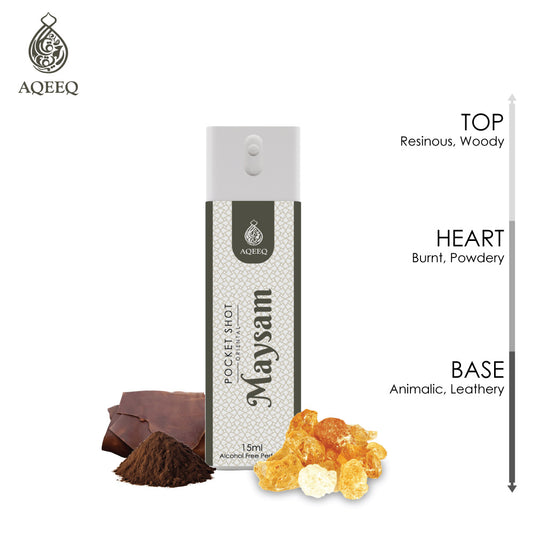 Aqeeq Maysam Pocket Shot, 15ml | Premium Long Lasting Unisex Alcohol Free Perfume | Woody, Powdery, Animalic & Leathery Notes | Eau De Parfum |