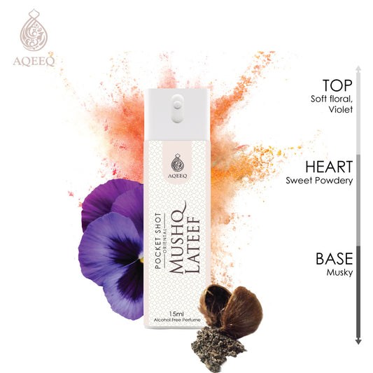 Aqeeq Mushq Lateef Pocket Shot, 15ml | Premium Long Lasting Unisex Alcohol Free Perfume | Floral, Violet, Sweet Powdery & Musky Notes | Eau De Parfum |