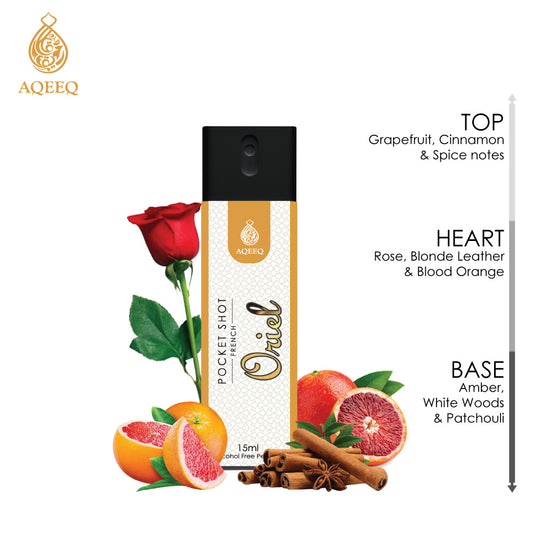 Aqeeq Oriel Pocket Shot, 15ml | Premium Long Lasting Unisex Alcohol Free Perfume | Spicy, Rose, Patchouli & Ambery Notes | Eau De Parfum |