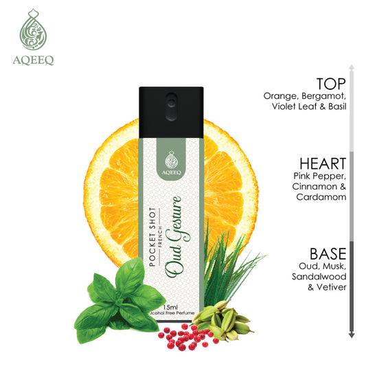Aqeeq Oud Gesture Pocket Shot, 15ml | Premium Long Lasting Unisex Alcohol Free Perfume | Oud, Bergamot, Pink Pepper & Musky Notes | Eau De Parfum |