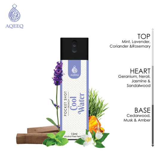 Aqeeq Cool Water Pocket Shot, 15ml | Premium Long Lasting Unisex Alcohol Free Perfume | Mint, Lavender, Jasmine & Musky Notes | Eau De Parfum |