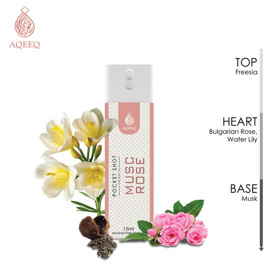 Aqeeq Musc Rose Pocket Shot, 15ml | Premium Long Lasting Unisex Alcohol Free Perfume | Freesia, Rose, Water Lily & Musky Notes | Eau De Parfum |