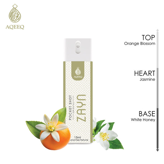 Aqeeq Zayn Pocket Shot, 15ml | Premium Long Lasting Unisex Alcohol Free Perfume | Orange Blossom, Jasmine & White Honey Notes | Eau De Parfum |