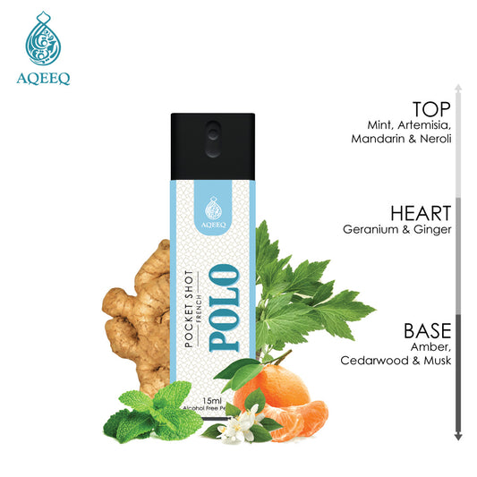 Aqeeq Polo Pocket Shot, 15ml | Premium Long Lasting Unisex Alcohol Free Perfume | Mint, Geranium, Amber & Musky Notes | Eau De Parfum |