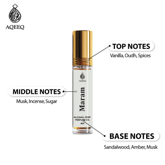 Aqeeq Maram Premium Attar Roll On, 6ml | Long Lasting Arabic & Oriental Attar for Men & Women | Inspired by Raghba