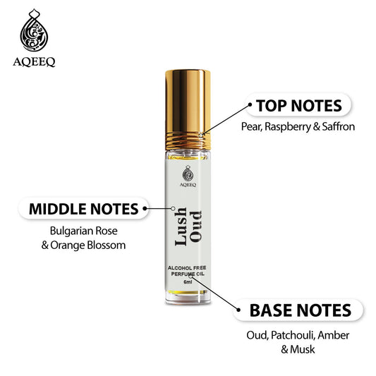 Aqeeq Lush Oud Attar For Men & Women | Long Lasting Unisex Attar | Fresh Spicy Floral Oud Attar Roll On | 6ml