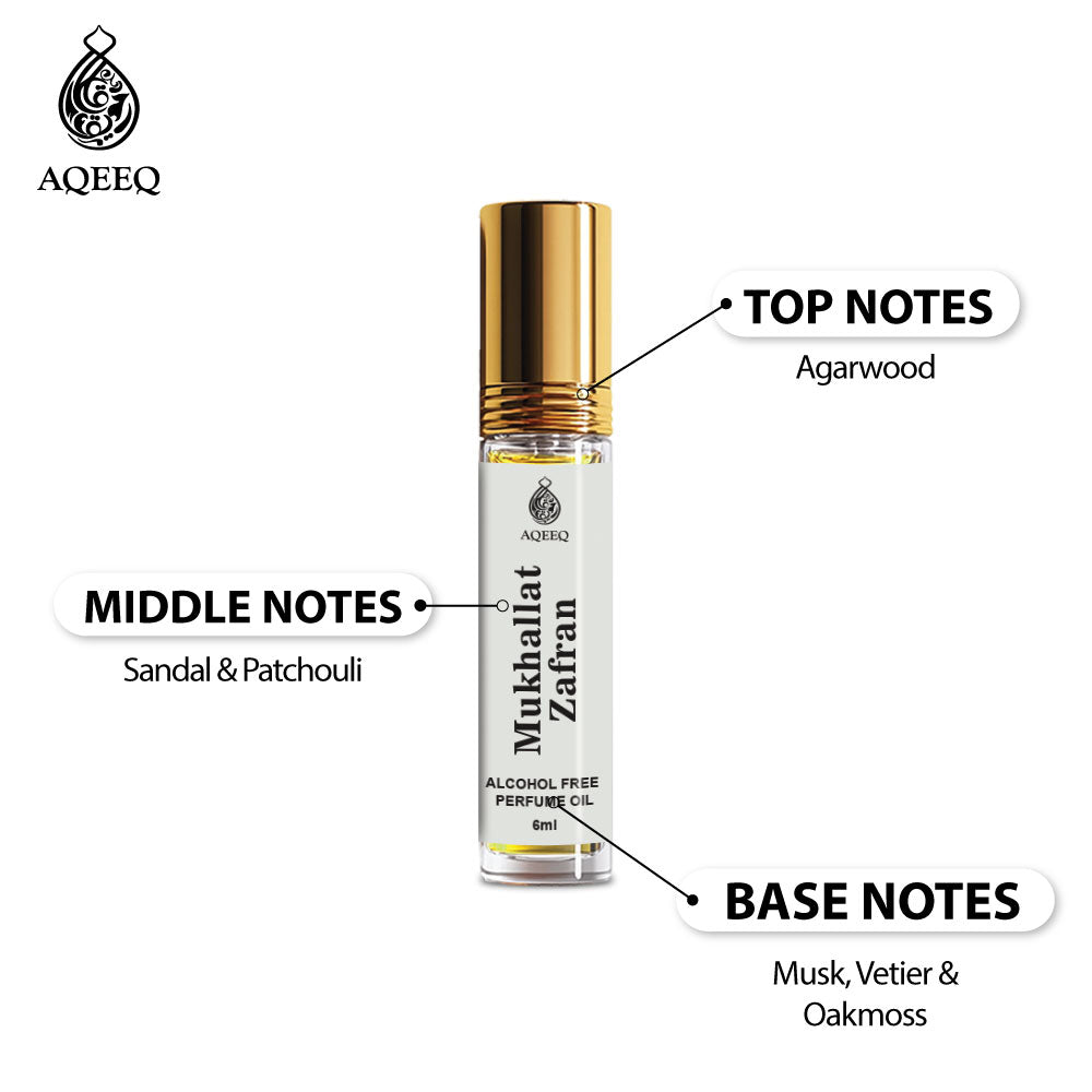 Aqeeq Mukhallat Zafran Premium Attar Roll-On 6 ml | Long-Lasting Unisex Arabian Attar | Soft Woody Fragrance