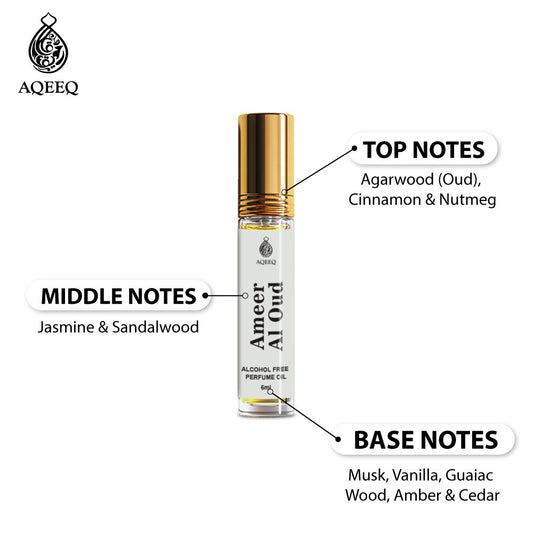 Aqeeq Ameer Al Oud Attar For Men & Women | Oriental Unisex Attar Roll On | Oud Jasmine Musk Sandalwood Notes | 6ml
